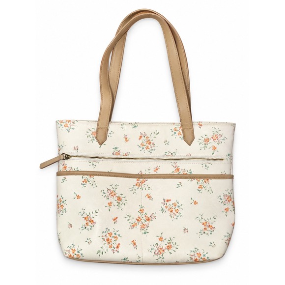 Unbranded Handbags - Floral Faux Leather Tote Bag Cream Orange Green Cottagecore Shoulder Bag